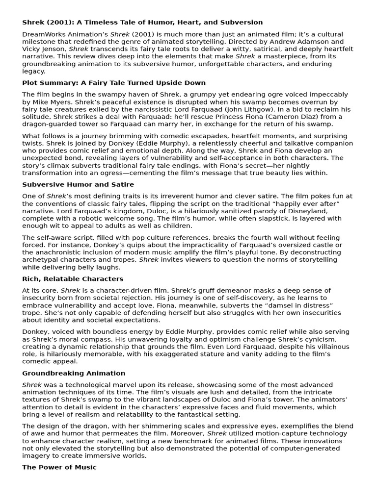 Shrek 1: Plot Summary and Themes | PDF