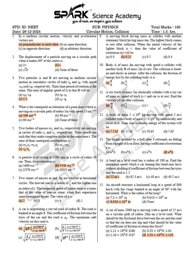XI NEET - 26-12-24 - Answer Key Changes Done | PDF | Force | Collision