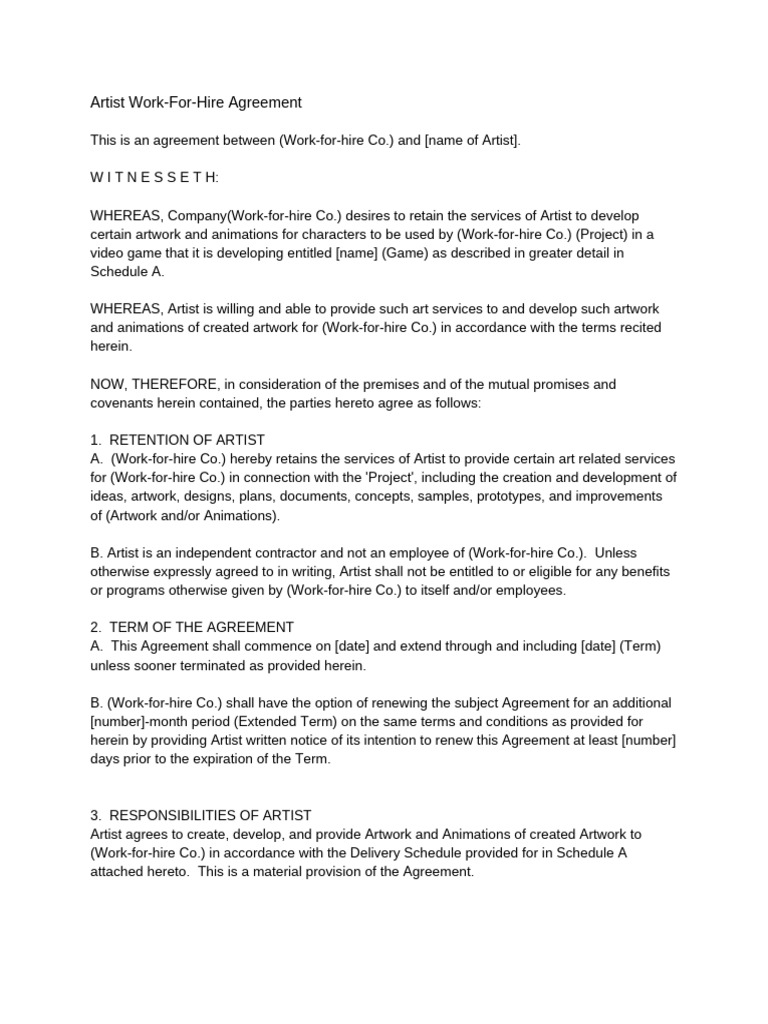 Artist Work-for-Hire Contract Template | PDF | Copyright | Patent