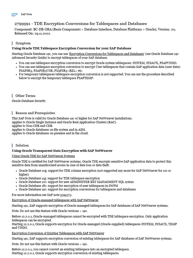 TDE Encryption for SAP Oracle Databases | PDF | Databases | Encryption