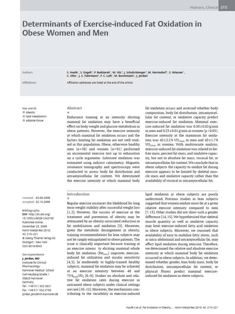 Determinants of Exercise-Induced Fat Oxidation in Obese Women and Men ...