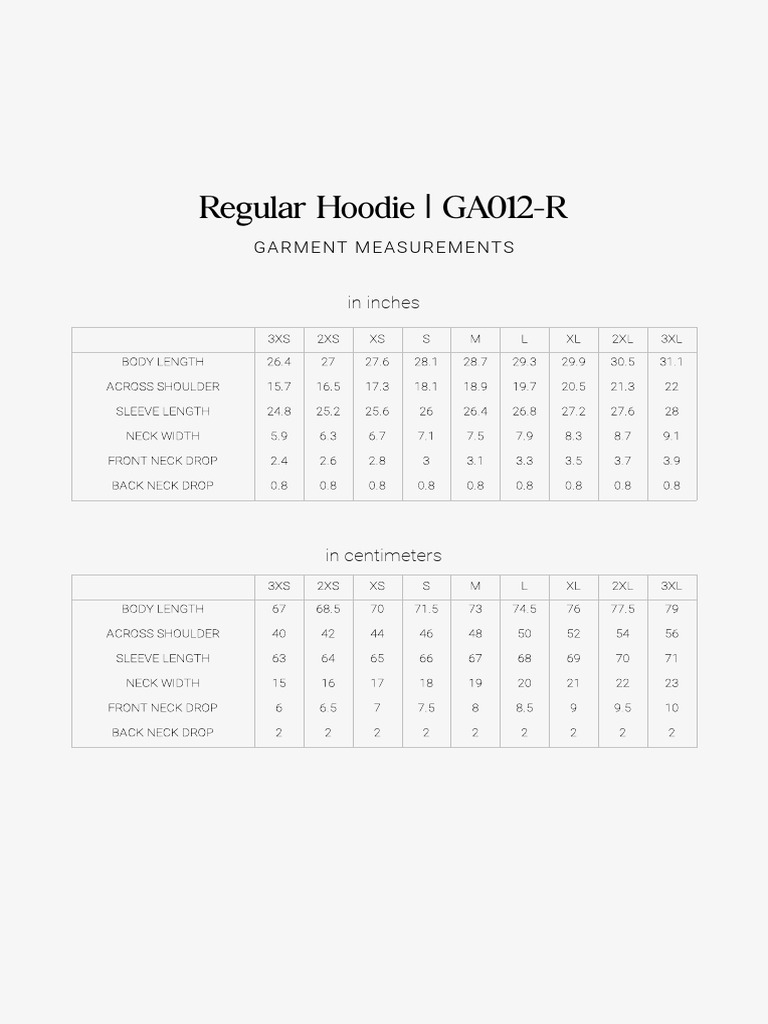 Regular Hoodie GA012-R Sizing Guide | PDF