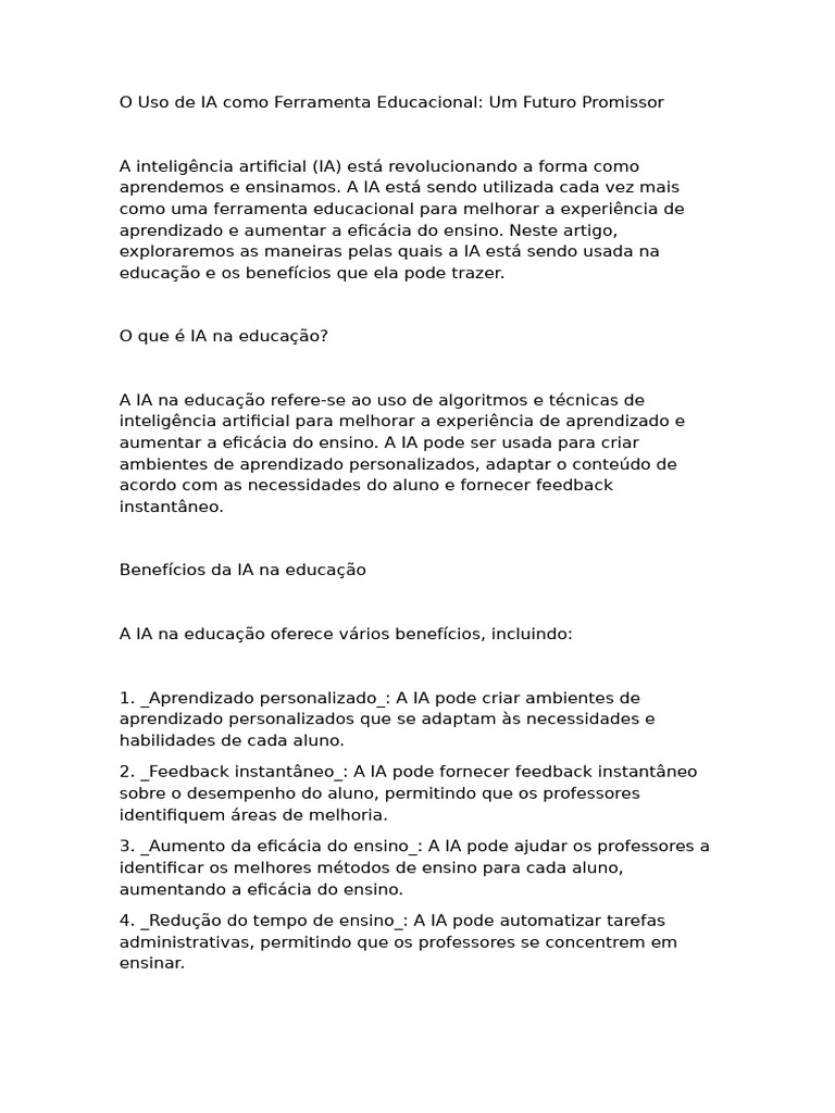 IA na Educação: Benefícios e Desafios | PDF | Inteligência artificial ...