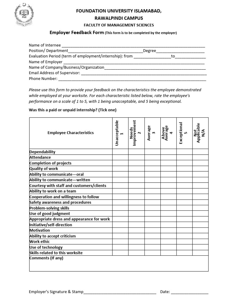 Employer Feedback Form - Faculty of Management Sciences. Ver 1.0. Sept ...