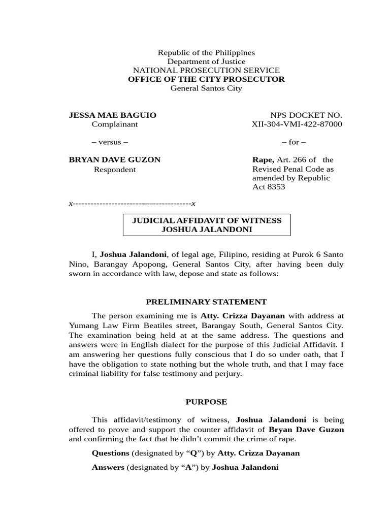 Example of Judicial Affidavit of Witness | PDF | Affidavit | Perjury