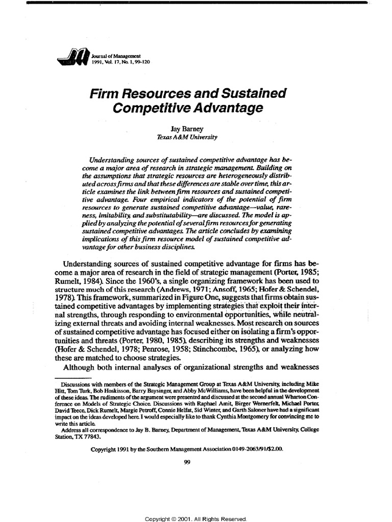 Firm Resources and Sustained Competitive Advantage | PDF | Competitive ...