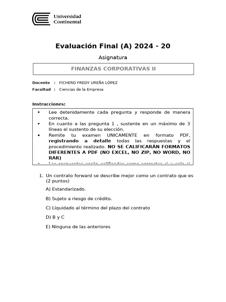 Examen Final Finanzas Corporativas II - 2024 20 | PDF | Compartir ...