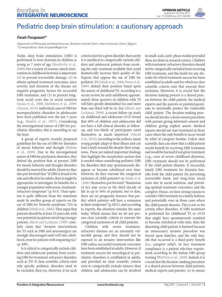 Focquaert 2011 Pediatric Deep Brain Stimulation A | PDF | Deep Brain ...