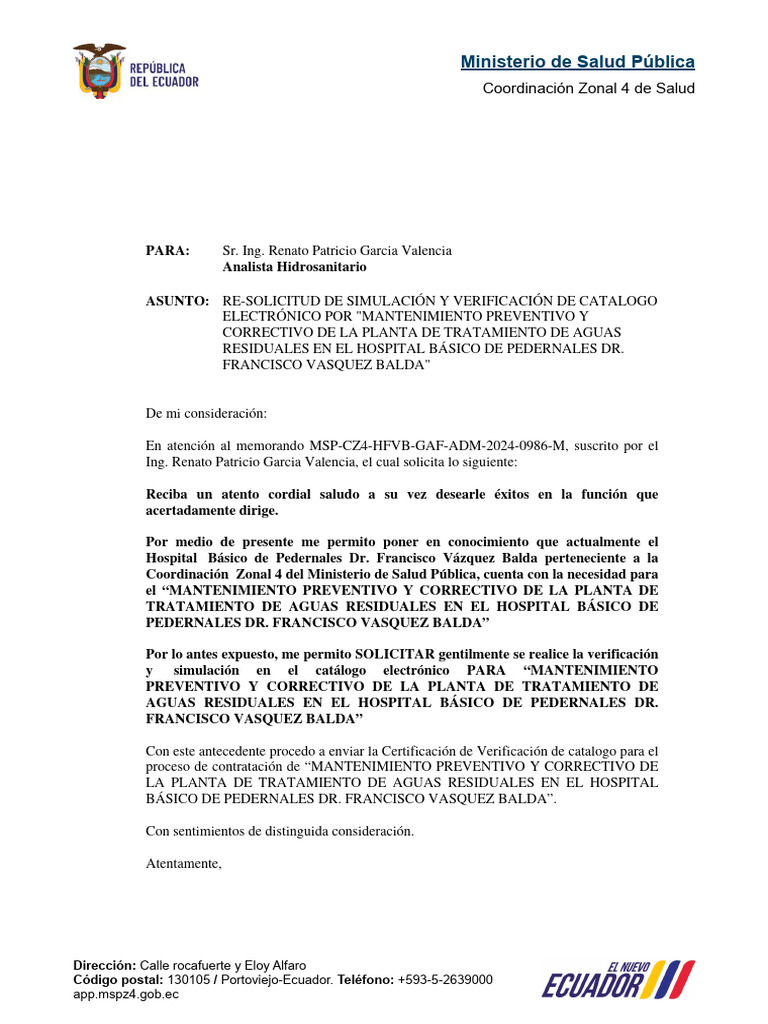 Solicitud de Mantenimiento PTAR Hospital Pedernales | PDF