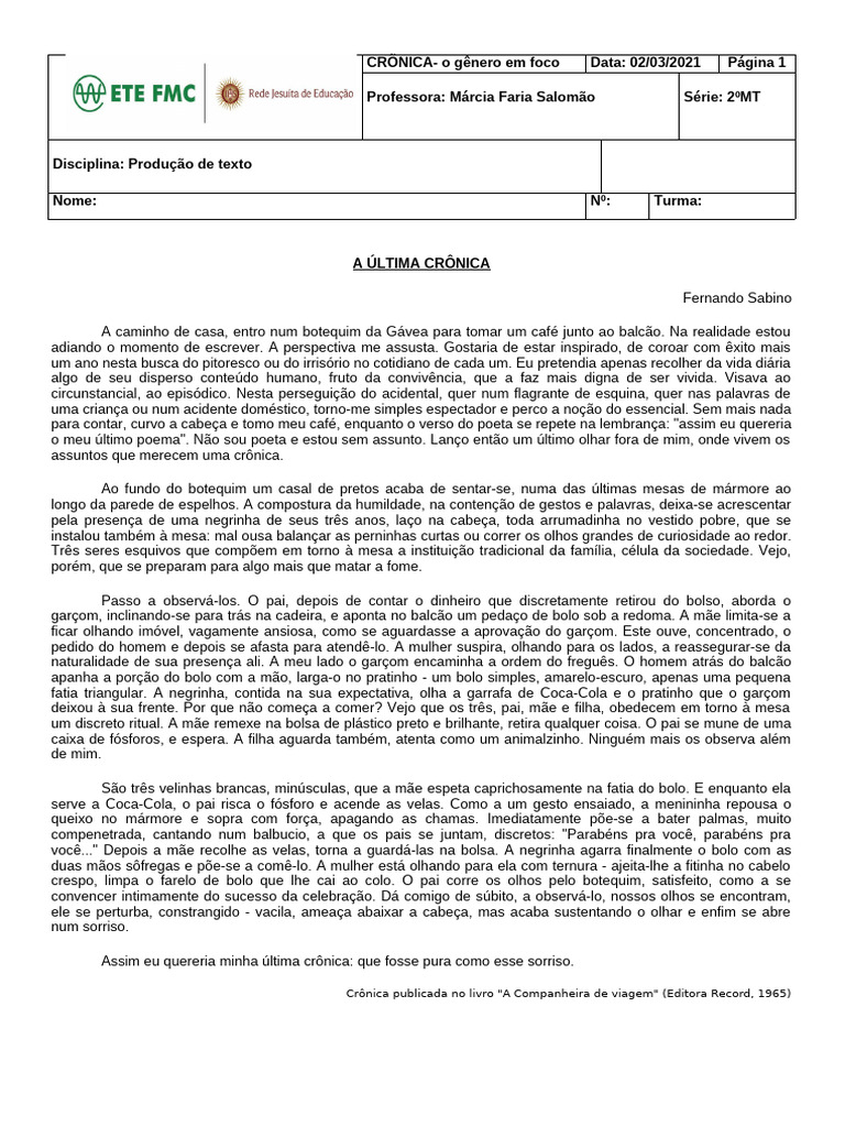 Última Crônica: Reflexões Cotidianas | PDF