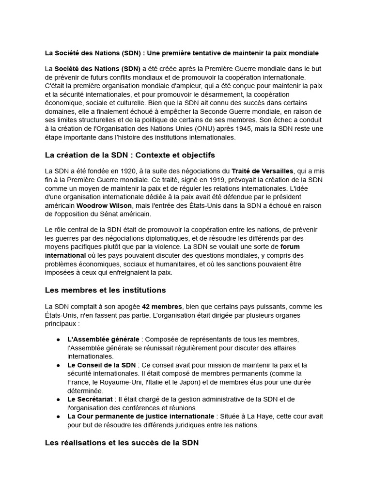 La Société Des Nations (SDN) - Une Première Tentative de Maintenir La ...