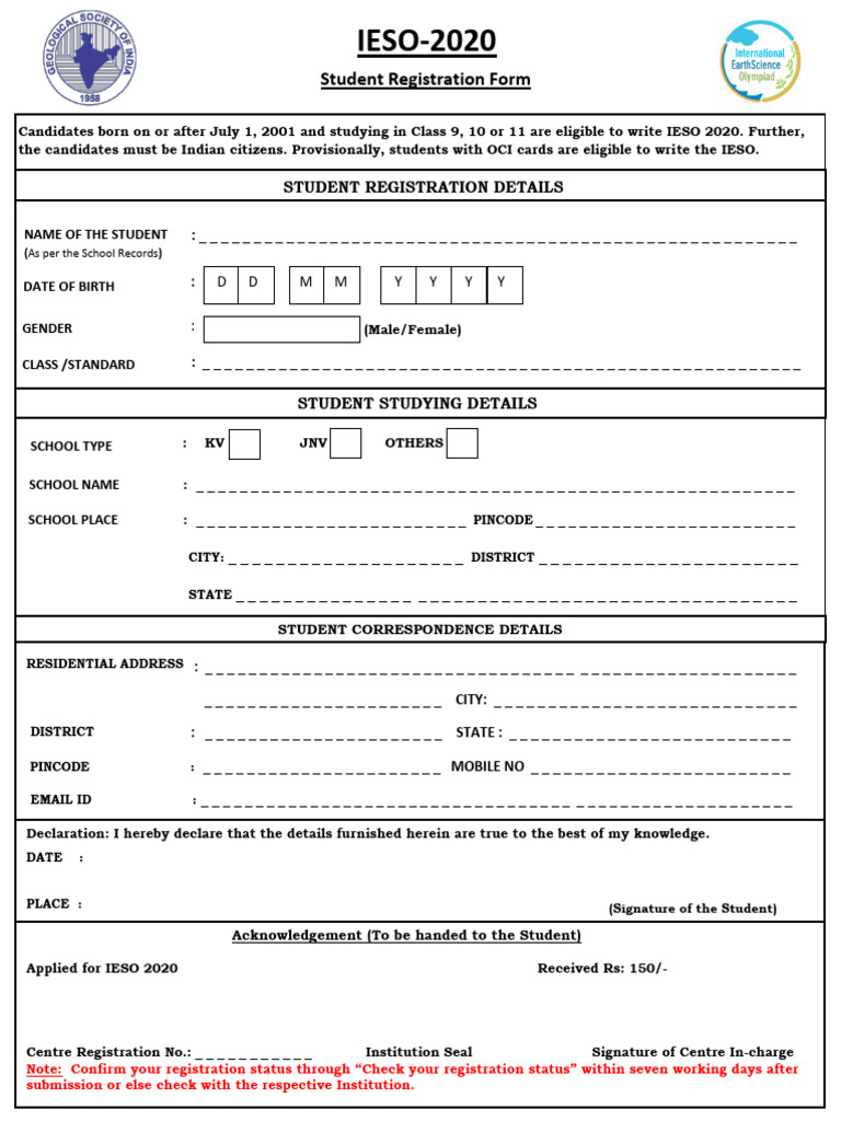 IESO 2020 Student Registration Form | PDF | Government And Personhood ...