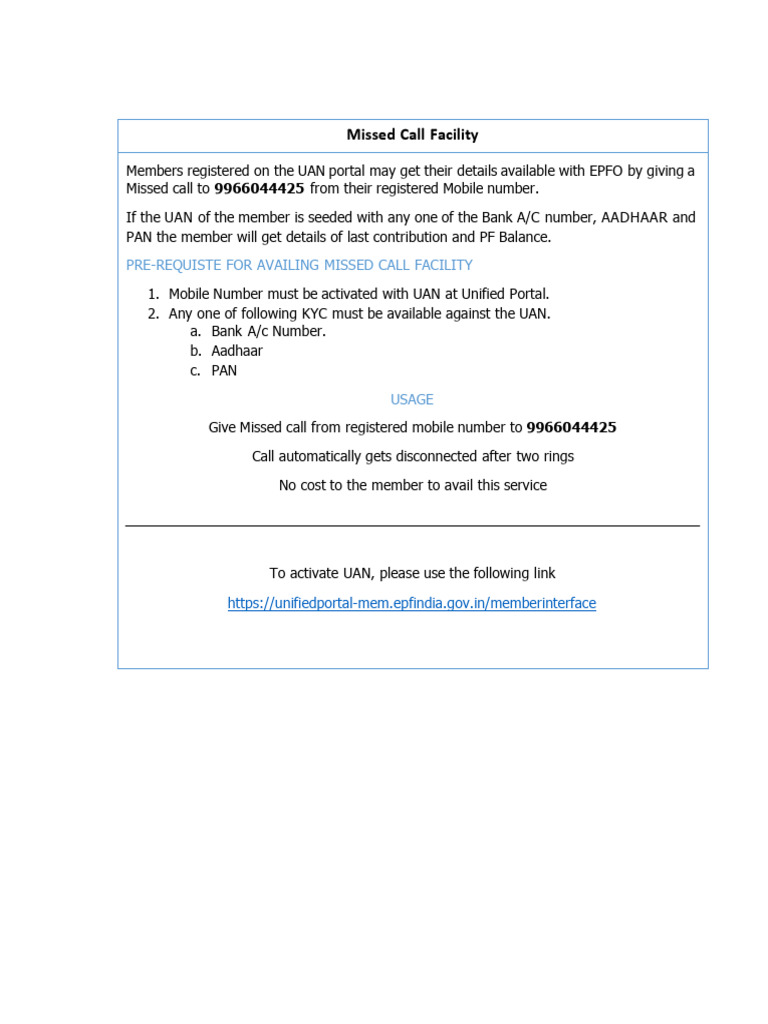 EPF Balance Check via Missed Call Service | PDF