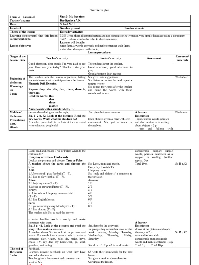 Lesson Plan: Everyday Activities for Grade 3 | PDF | Learning | Human ...