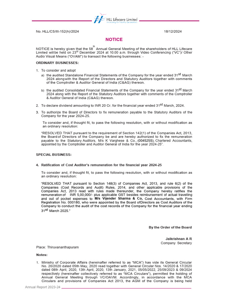Notice: Ordinary Businesses | PDF | Audit | Business
