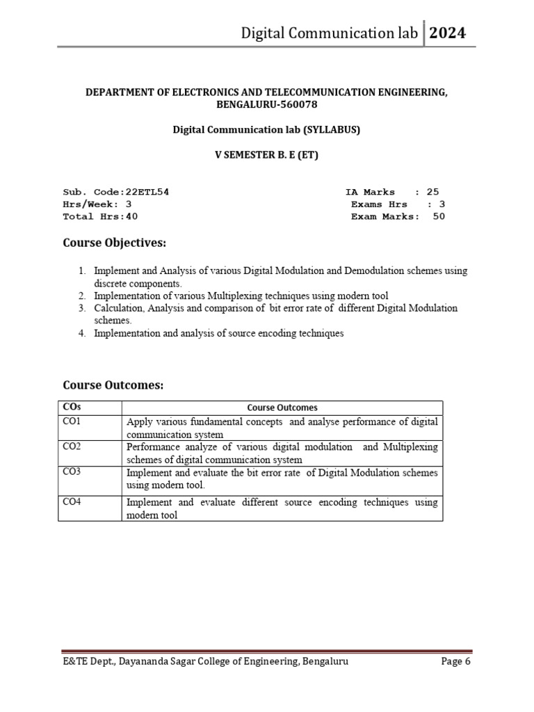 Digital Communication Lab Syllabus 2024 | PDF | Modulation | Computer ...