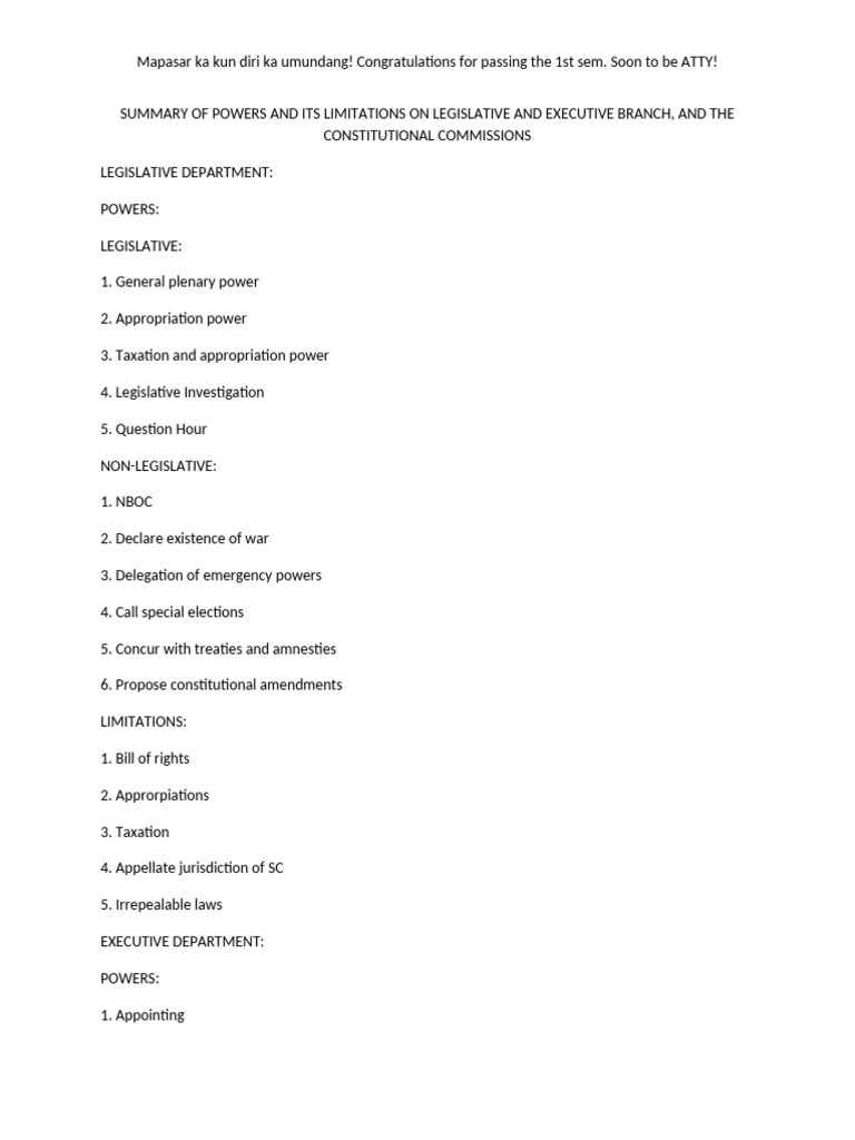 Summary of Powers and Limitations On Branches of Government | PDF ...
