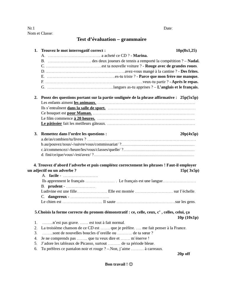 Test de grammaire : Questions et réponses | PDF | Linguistique