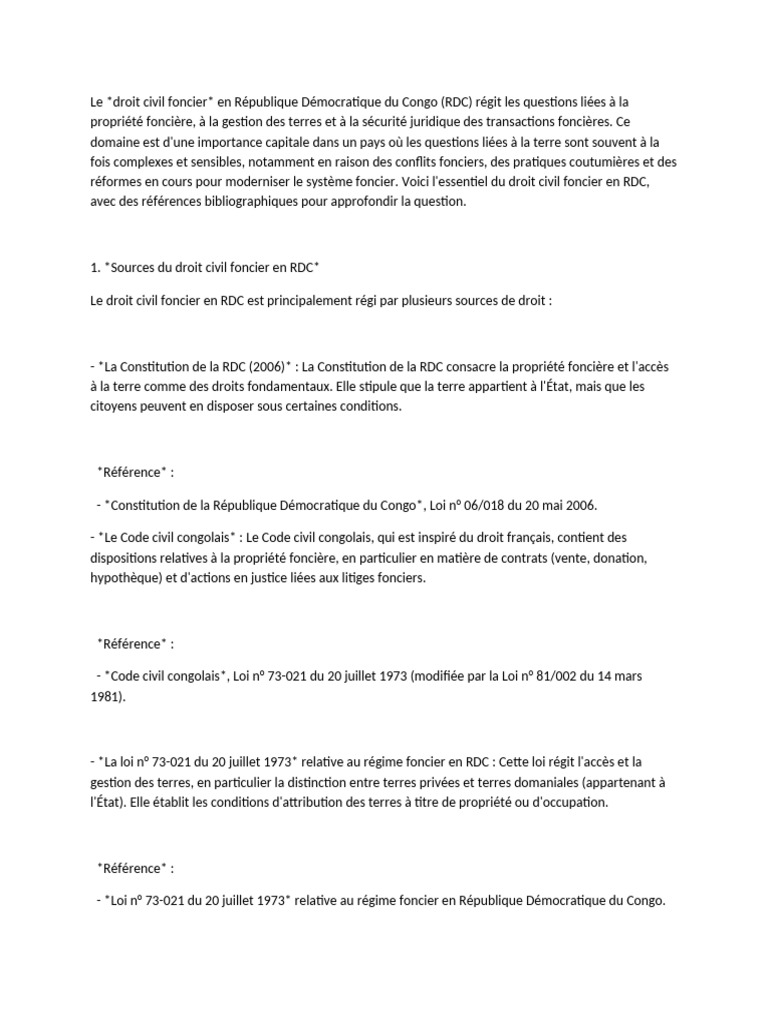 Droit civil foncier en RDC : enjeux et réformes | PDF | République ...
