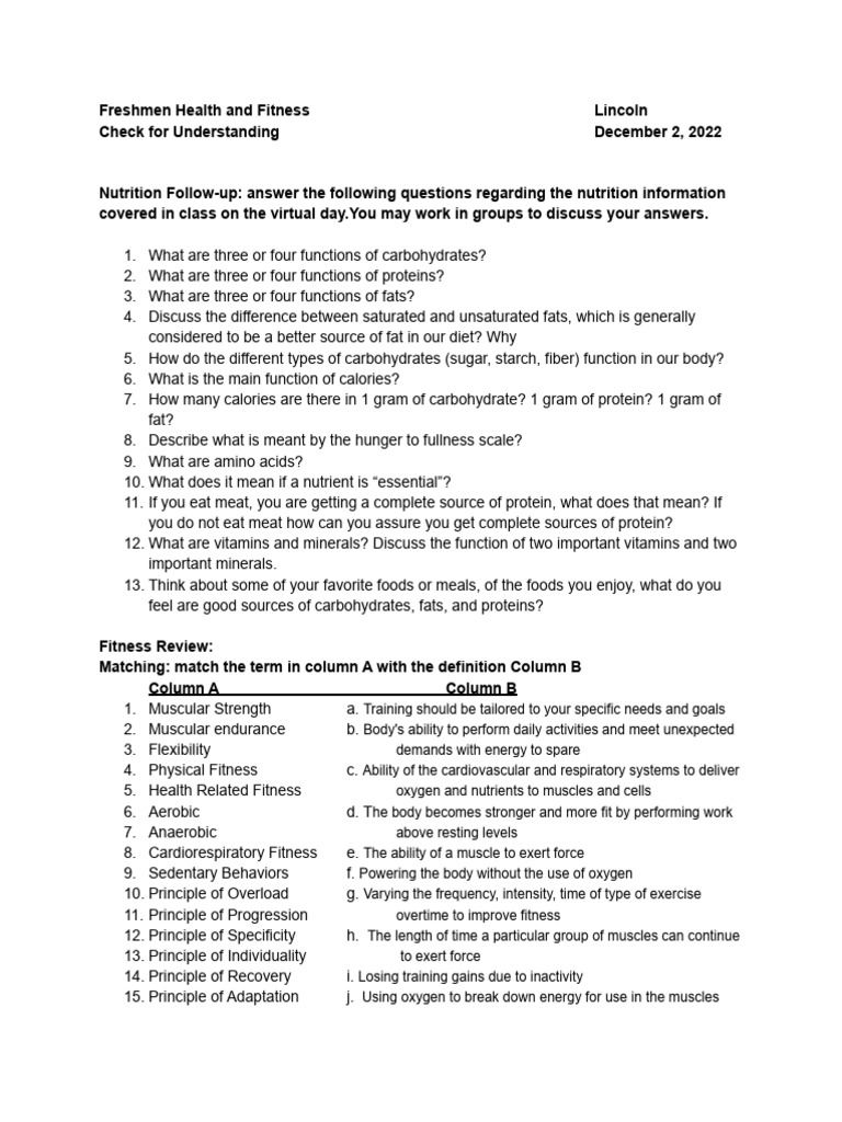 HF Fitness - Nutrition Check For Understanding | PDF | Fat | Physical ...