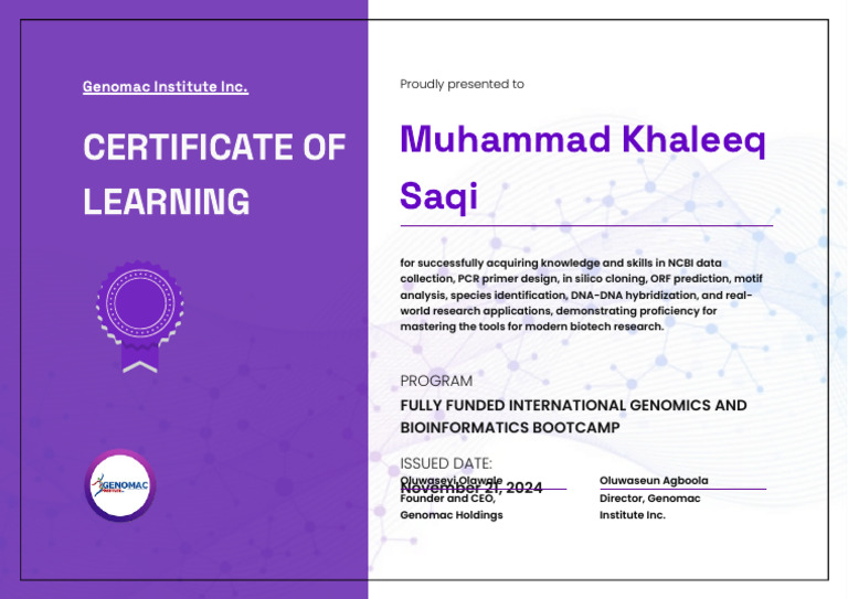Genomac Institute Bootcamp Certificate | PDF