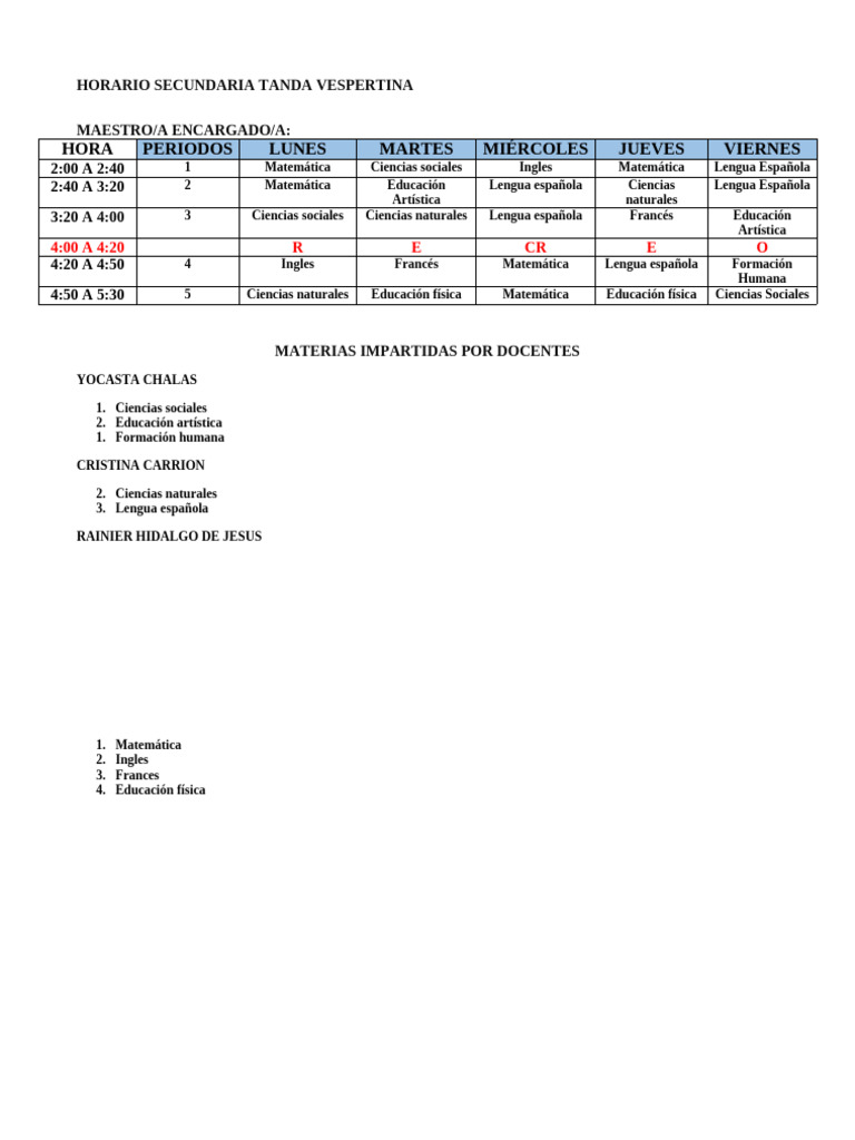 Horario Secundaria 2024 2025 Vespertino | PDF