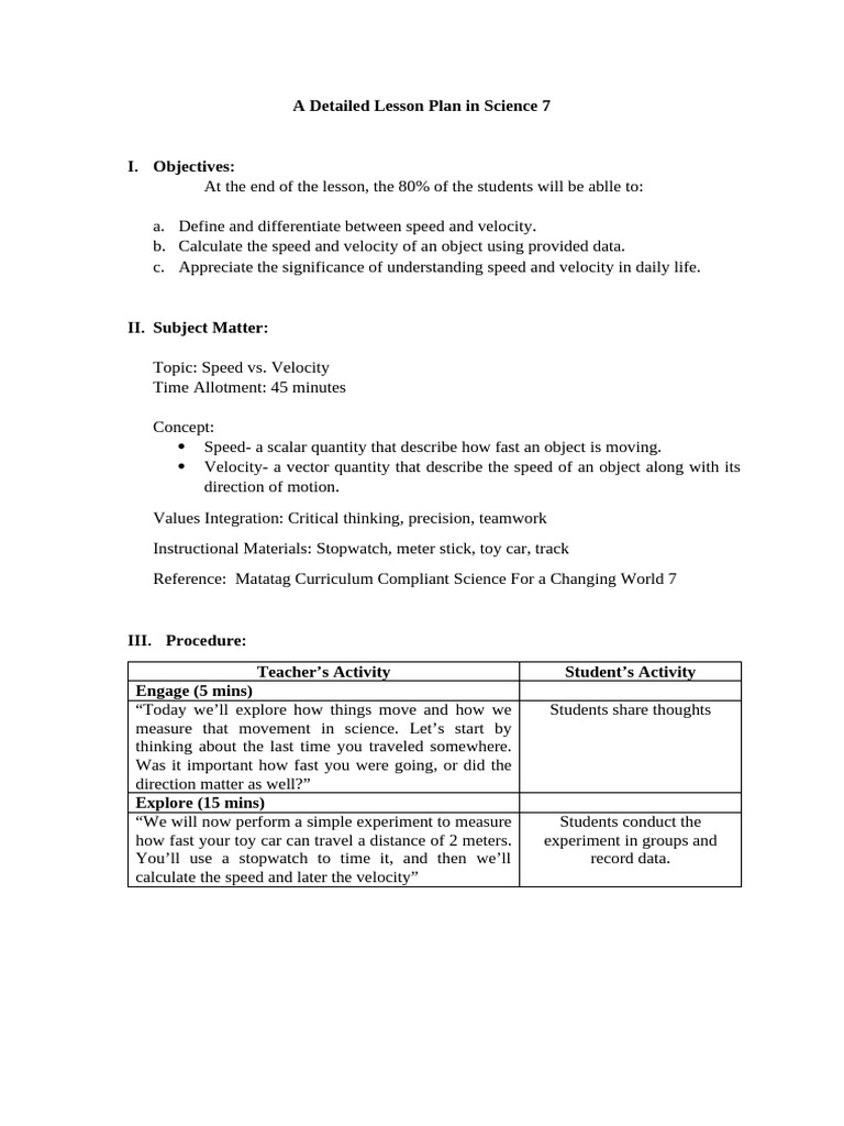 Speed vs. Velocity Lesson Plan for 7th Grade | PDF | Velocity | Speed