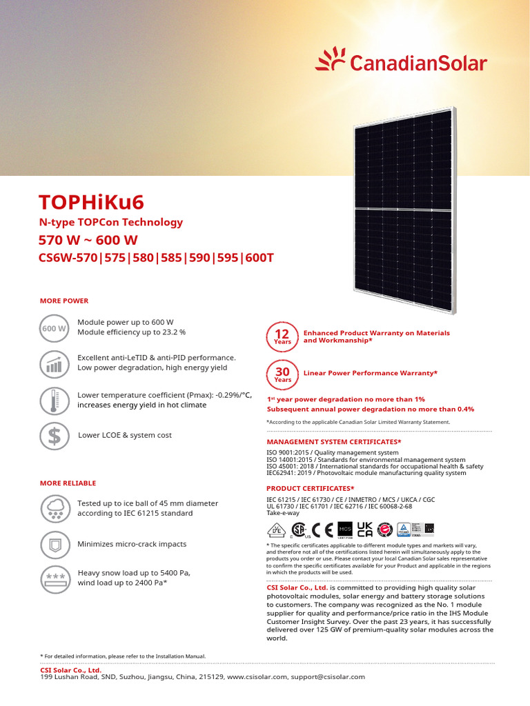 Canadian Solar CS6W Module Overview | PDF | Photovoltaics | Solar Panel
