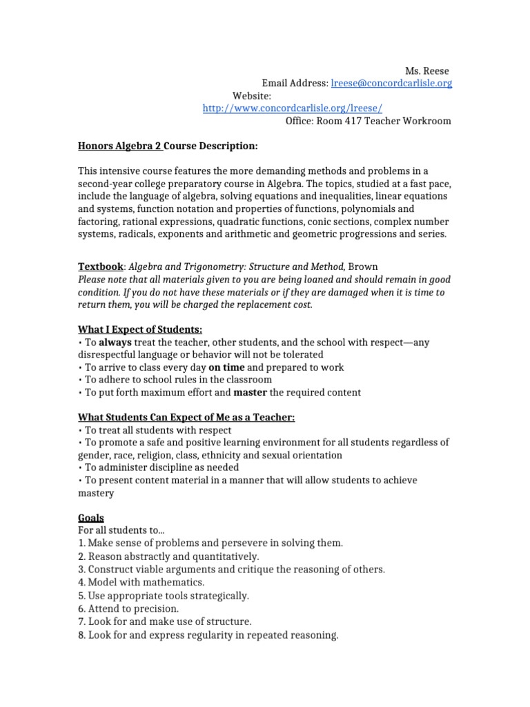 Honors Algebra 2 Course Expectations 2018-2019 | PDF | Algebra | Equations