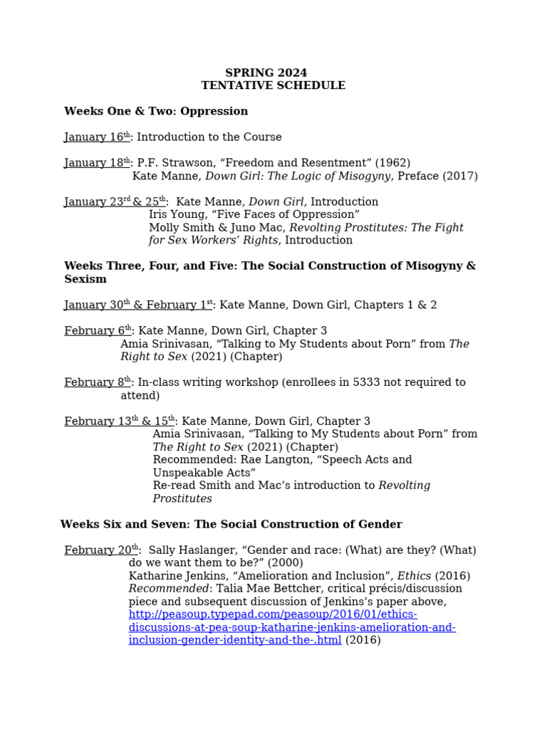 Spring 2024 Oppression Course Schedule | PDF | Intersectionality ...