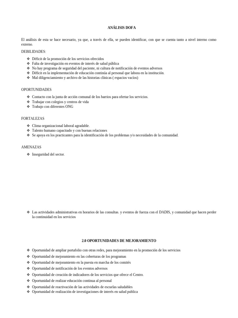 Análisis DOFA y Plan de Mejora en Salud | PDF | Análisis FODA