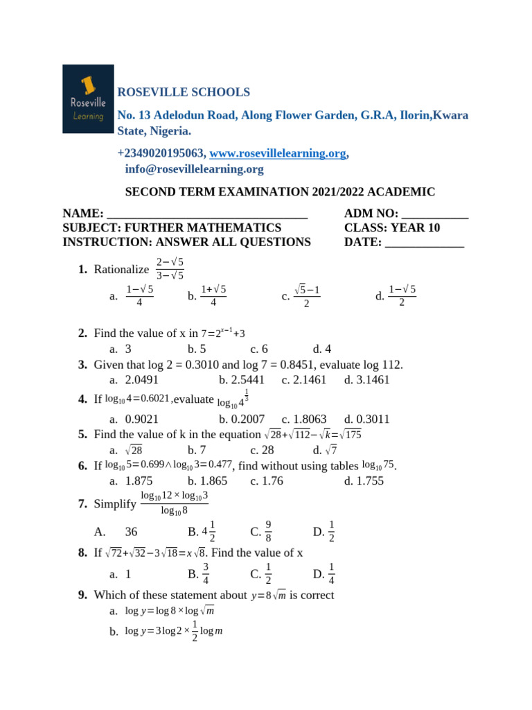 Year 10 Further Mathematics Exam | PDF | Mathematical Analysis | Arithmetic