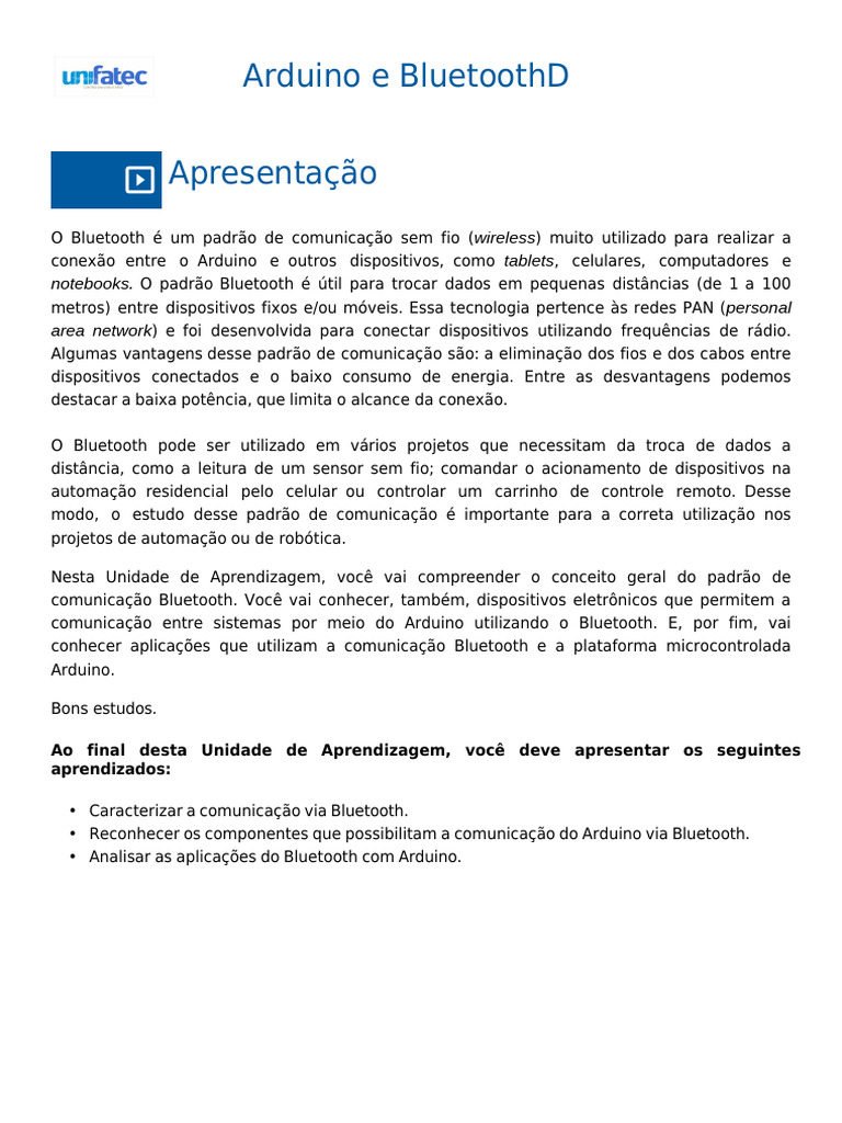 AULA 8 - Arduino e Bluetooth | PDF | Bluetooth | Sem fio