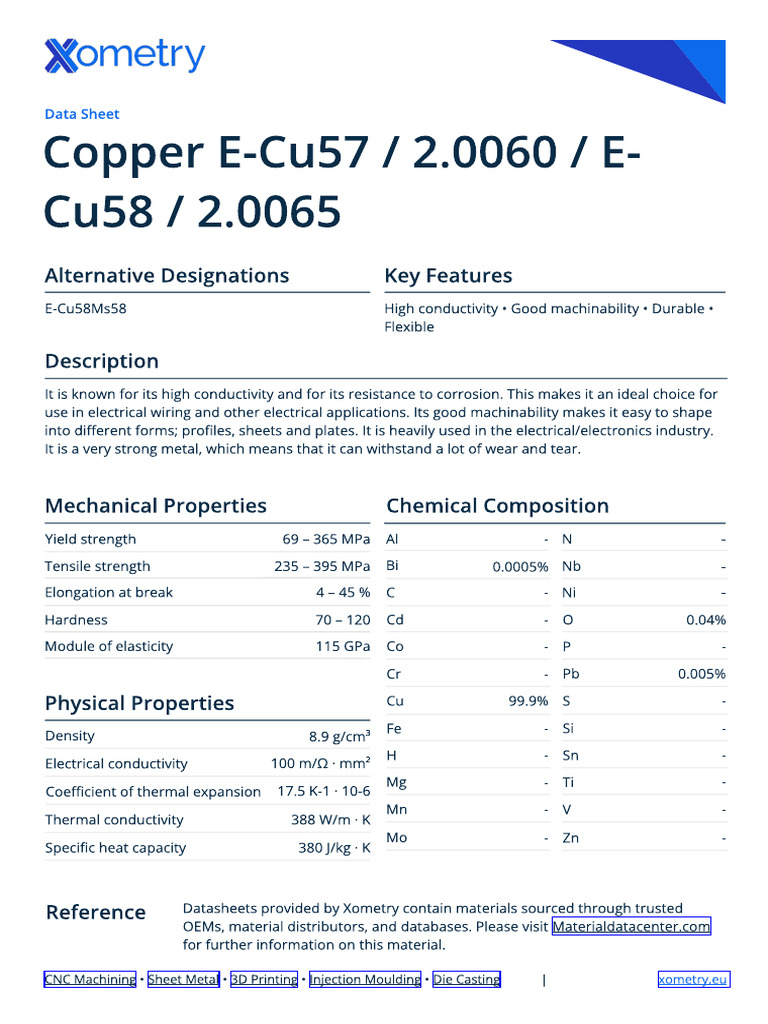 Copper E-Cu57/2.0060 Material Data | PDF | Electrical Resistivity And ...