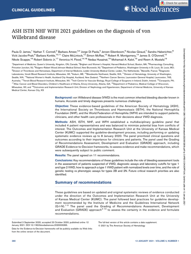 2021 VWD Diagnosis Guidelines | PDF | Hematology | Medicine