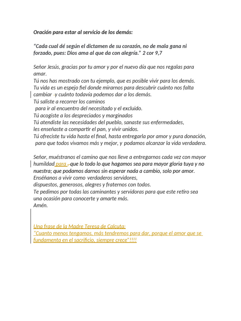 Oración de Servicio y Generosidad Cristiana | PDF