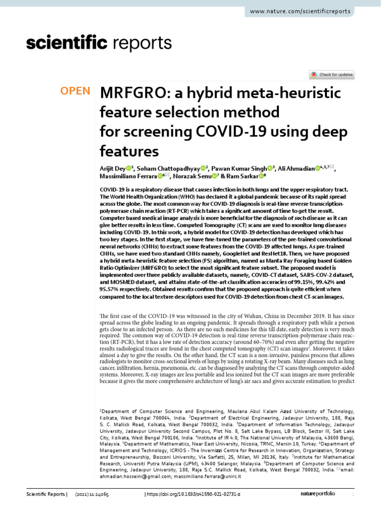Hybrid Feature Selection for COVID-19 Detection | PDF | Ct Scan | Deep ...