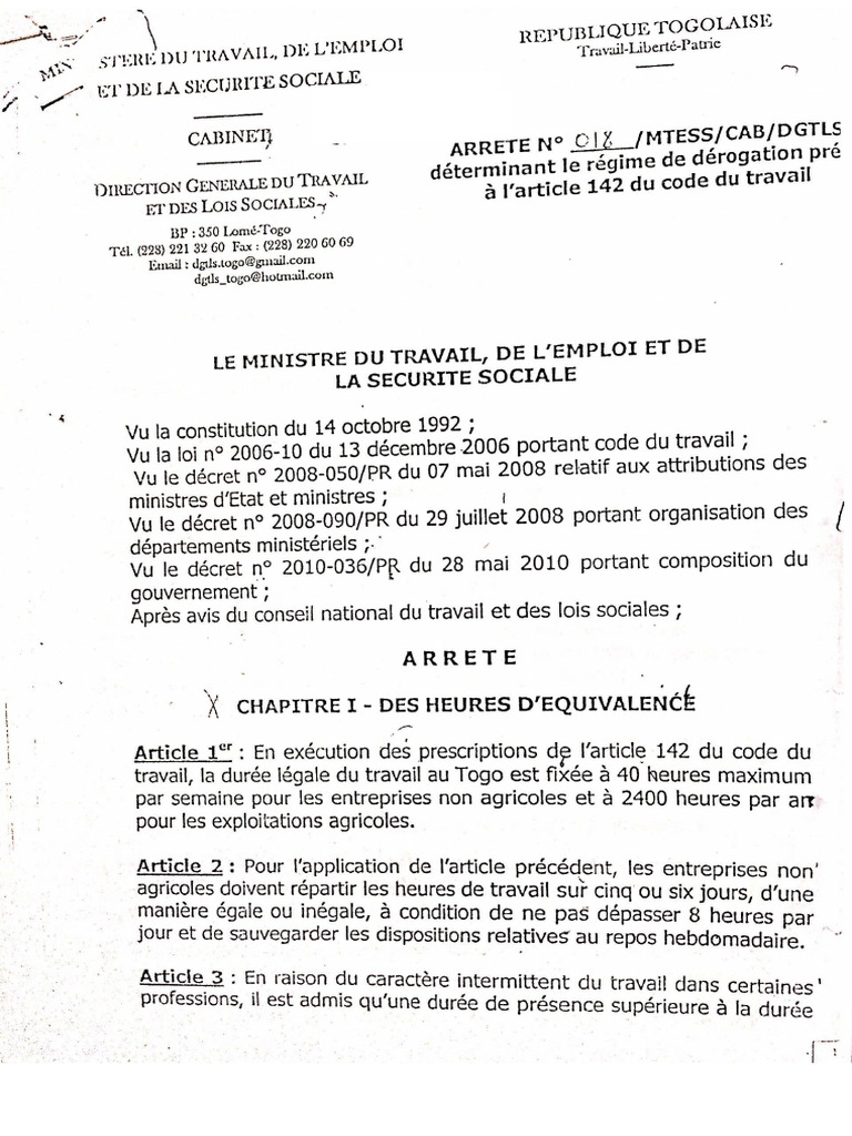 Arrete 018 Determinant Le Regime de Derogation Prevu A Lart 142 Du Code ...