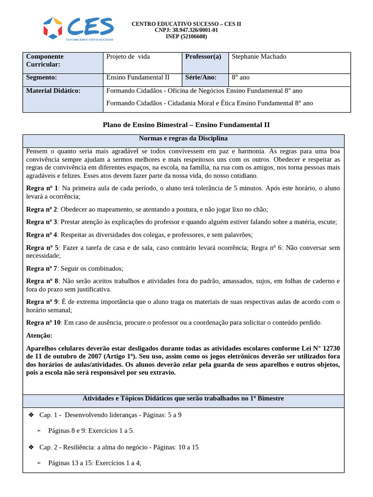 Plano de Aula: Projeto de Vida 8º Ano | PDF