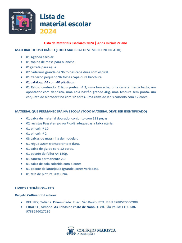 Materiais Escolares 2024 - 2º Ano | PDF