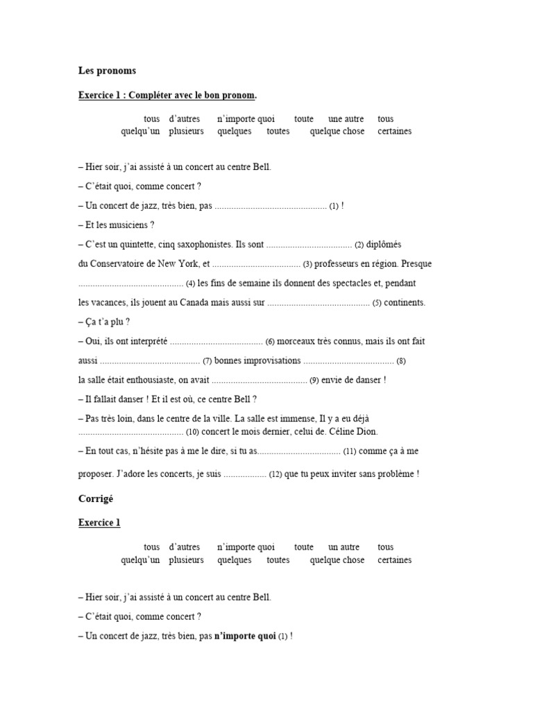 Exercices sur les pronoms en français | PDF | Pronom | Genre grammatical