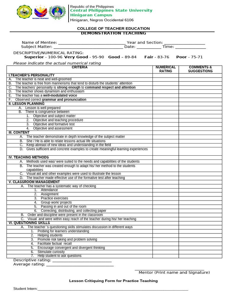 Demo teaching observation sheet pdf teachers mentorship