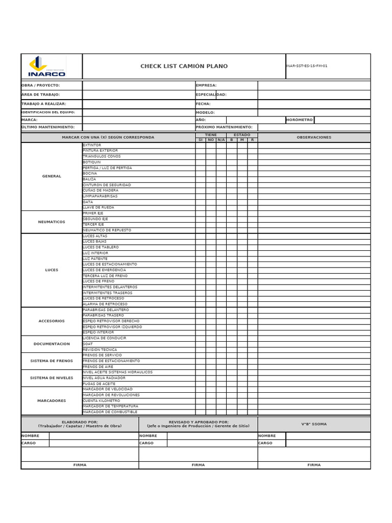 INAR-SST-ES-15-FM-01 Check List Camión Plano Ver. 01 | PDF | Neumático ...