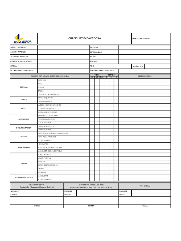 INAR-SST-ES-15-FM-07 Check List Excavadora Ver. 01 | PDF | Fabricantes ...