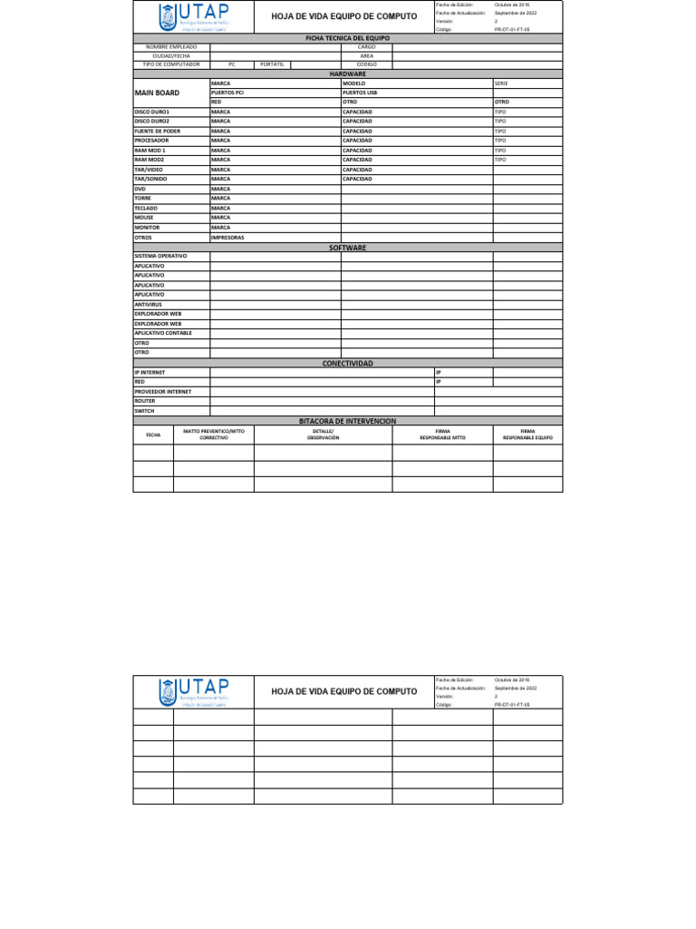 Formato Hoja de Vida Equipos de Cómputo | PDF | Red de computadoras ...