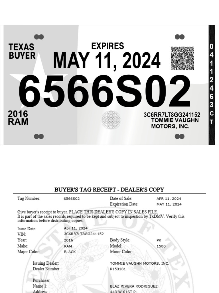 Buyer's Tag Receipt for 2016 RAM 1500 | PDF | Vehicles | Transport