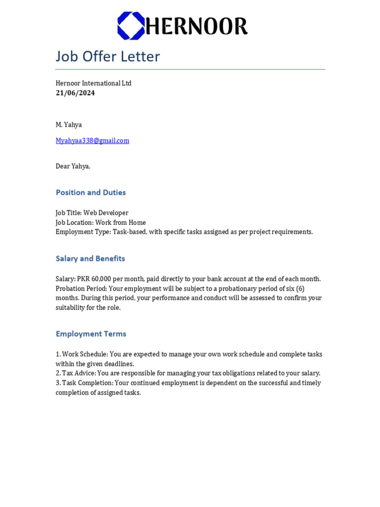 Job Offer for Web Developer Position | PDF | Employment | Salary