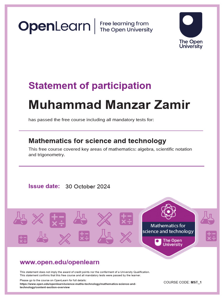 MST Certificate From Open Uni | PDF | Mathematics | Decibel