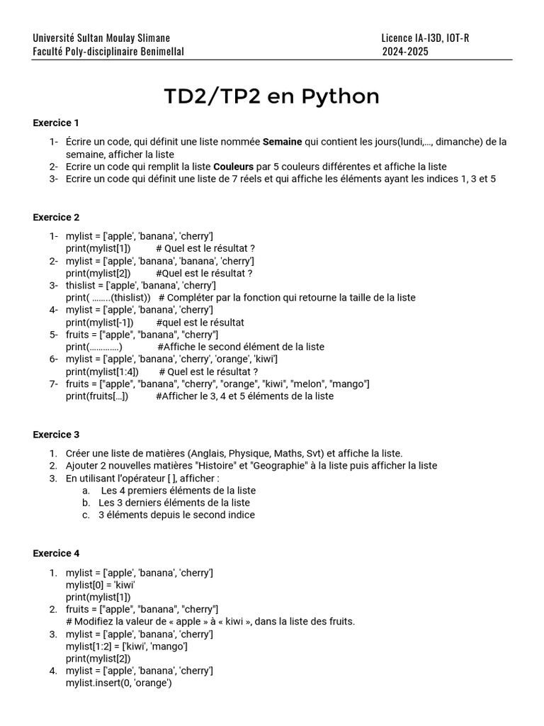 Exercices Python : Listes et Méthodes | PDF