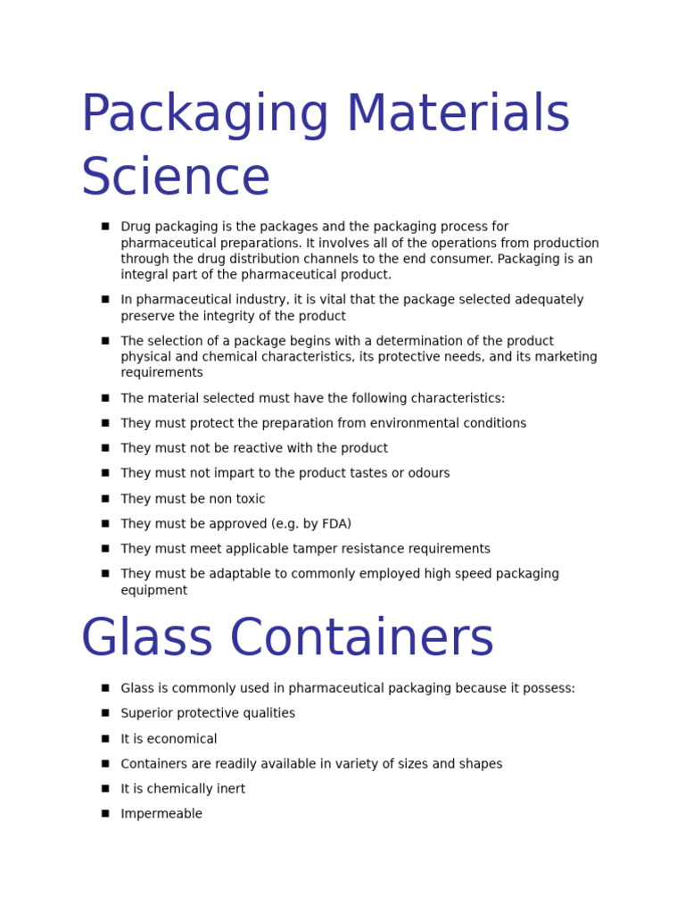 Pharmaceutical Packaging Materials Overview | PDF | Glasses | Polyethylene